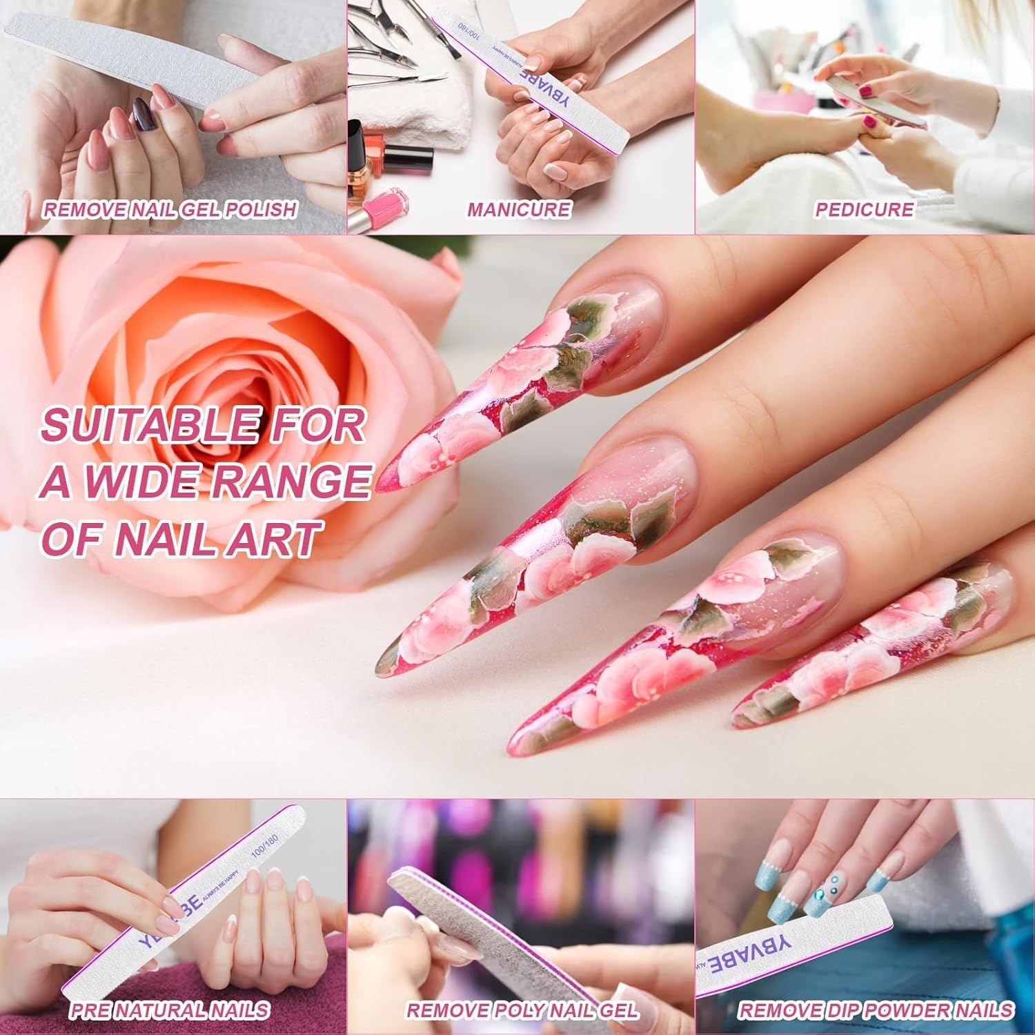 YBVABE Nail File, 12Pcs Nail Files180/240 Grit Double Sided, Premium Professional Salon Quality- Reusable Washable Emery Boards Manicure Tool for Nail Shaping, Dual Grit Manicure & Pedicure(Rhombus) image number 3