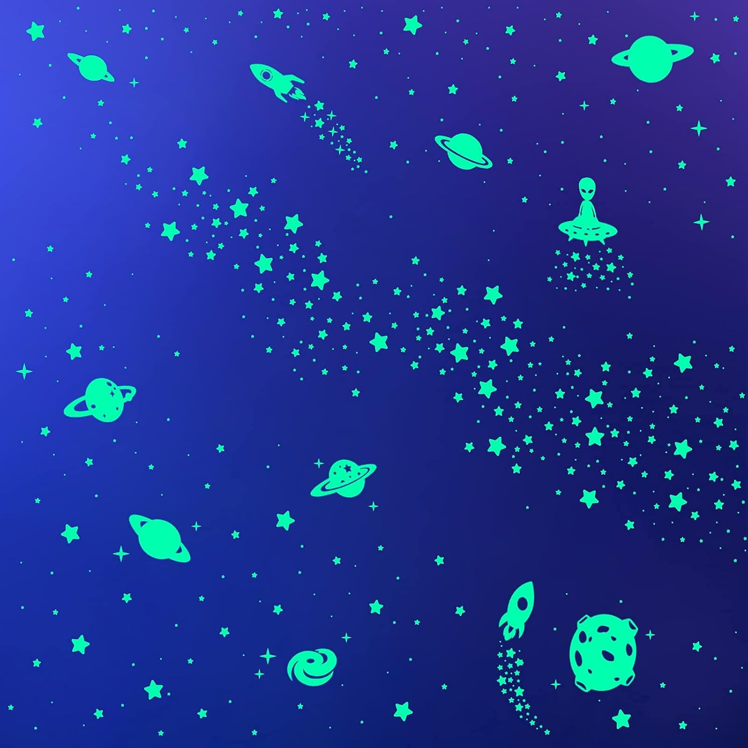260 PCS Glow in the Dark Stars, Glowing Stars for Ceiling, Star Wall Decals Solar System Space Galaxy Planets Wall Stickers for Kids, Girls Boys Room Decorations for Bedroom - A-Green Space image number 6