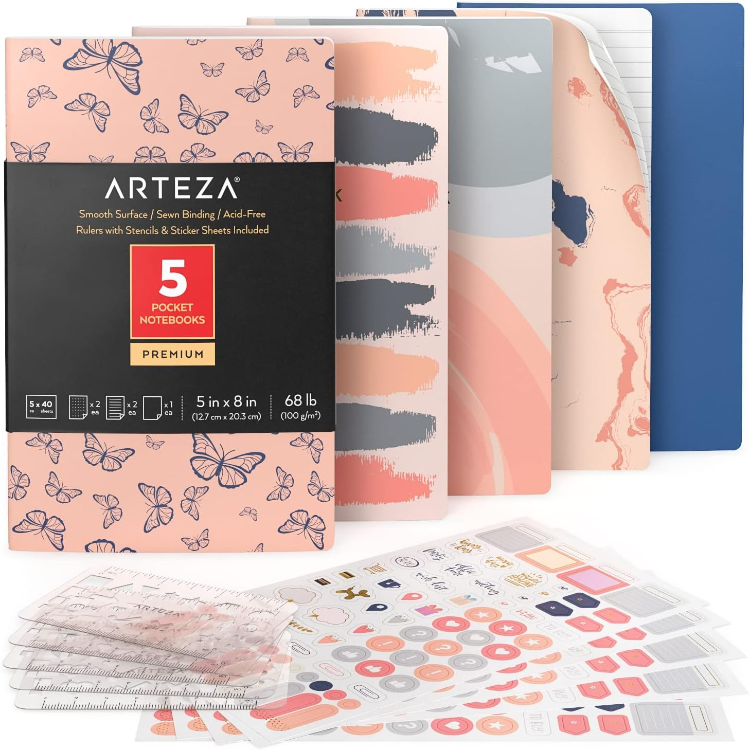 Arteza Pocket Notebooks, Set of 5, 5 X 8 Inches, 40 Sheets Each, Butterfly Designs, 2 Dotted, 2 Ruled, and 1 Blank Softcover Journal with Smooth Paper, Art Supplies for Writing and Sketching image number 3