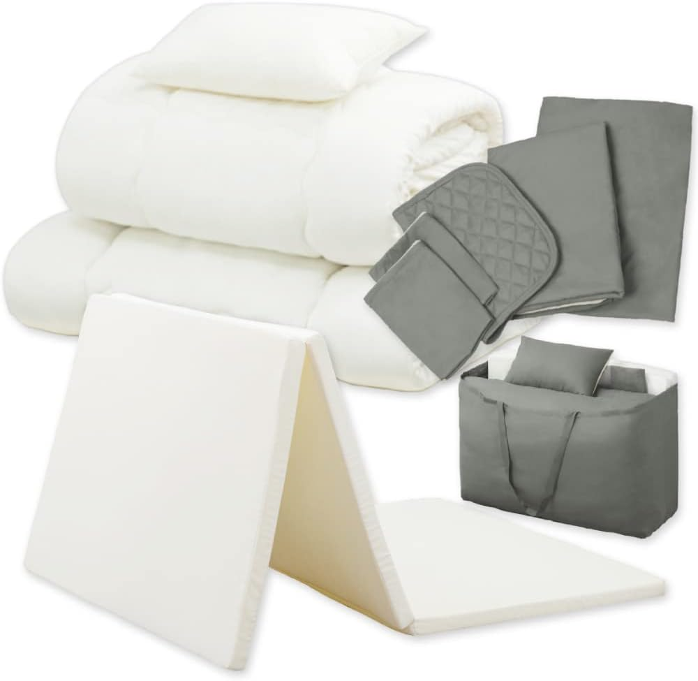 Iris Ohyama KFS-R-M10S 10-Piece Futon Set with Ready-To-Use High-Density Mattress Updated for Improved Sleeping, High Density Urethane 25D, Extra Filling, Storage Bag with Handle, Single Ash/White