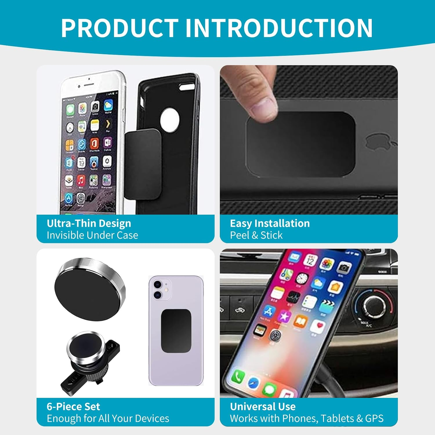 MAEZOE 6Pcs Magnetic Phone Mount Metal Plates &ndash; Strong Magnet, Slim round & Rectangle Design for Car, Home, and Office image number 3