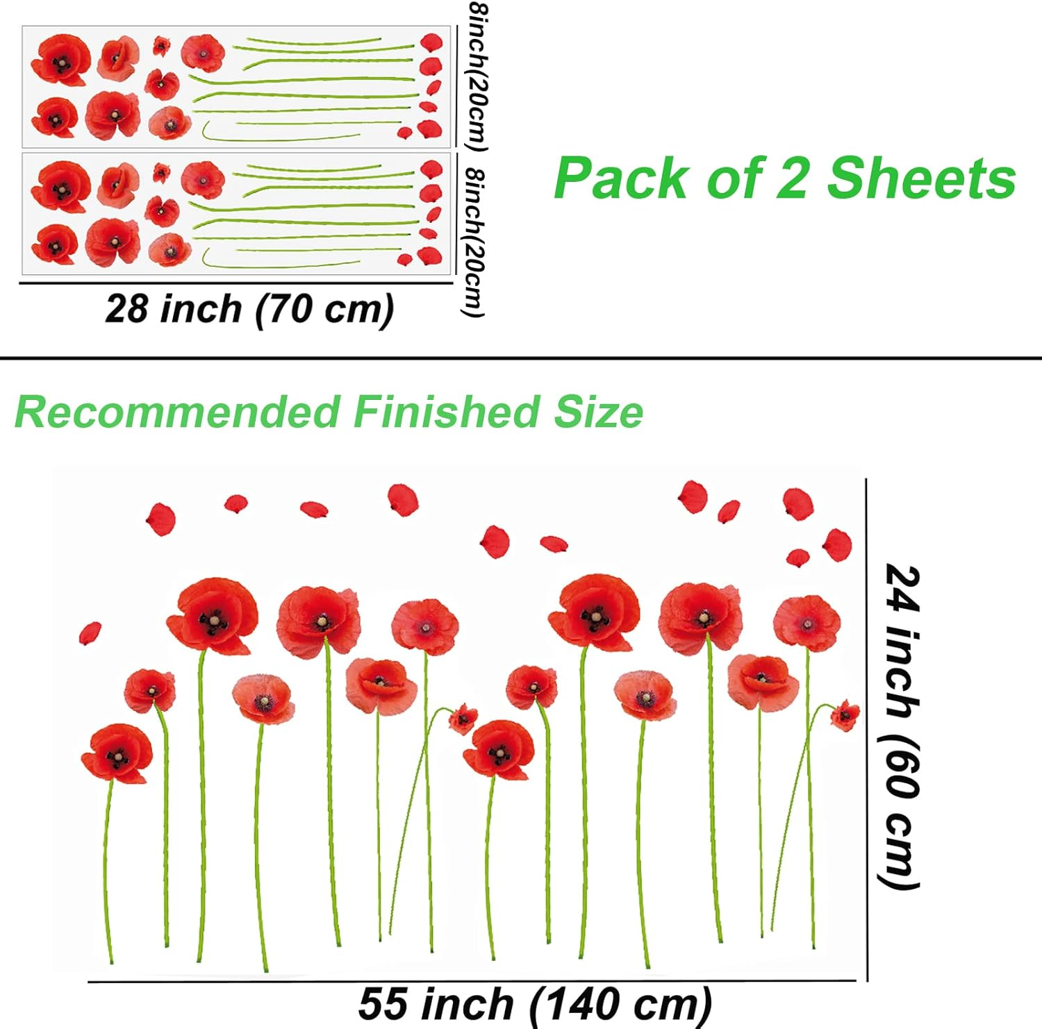 Maydahui Red Poppy Flower Wall Decals Beautiful Floral Wall Stickers (24 X 55 Inch) Peel and Stick Removable Art Mural Decor for Bedroom Living Room TV Sofa Background image number 2