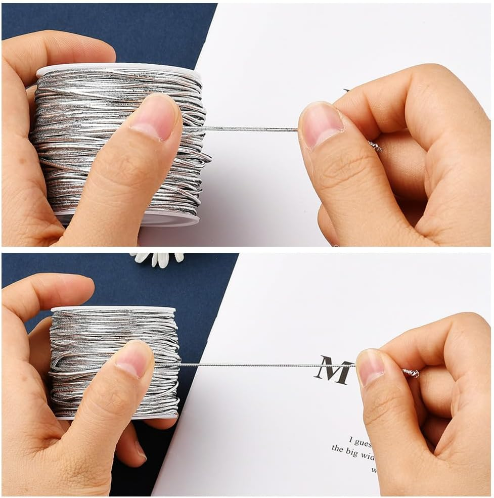 1 Rolls Metallic Elastic Cords Stretch Cord,0.8Mm X 100M Ribbon Metallic Tinsel Cord Rope,For Braiding Rope for Gift Wrapping,Crafts,Ornaments Hanging,Jewelry Making,Bracelets,Hair Decorations (S)