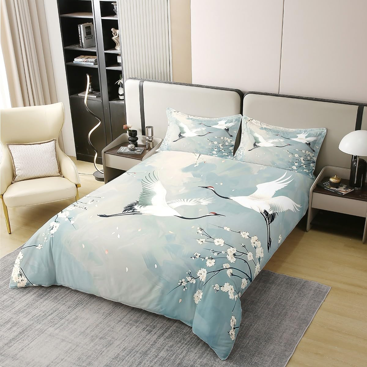 Japanese Crane 100% Cotton Duvet Cover for Children, Teenagers, Adults, Cherry Blossom Bed Linen Set, 200 X 200 Cm, Watercolour Floral Duvet Cover, Teal Gradient Bed Set with 2 Pillowcases, Bedroom image number 3