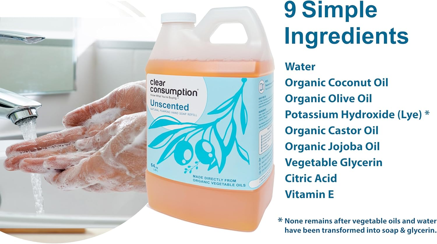 All Natural Unscented/Fragrance Free Plant-Based Foaming Hand Soap Refill - Made Directly from Organic Vegetable Oils, 64 Oz