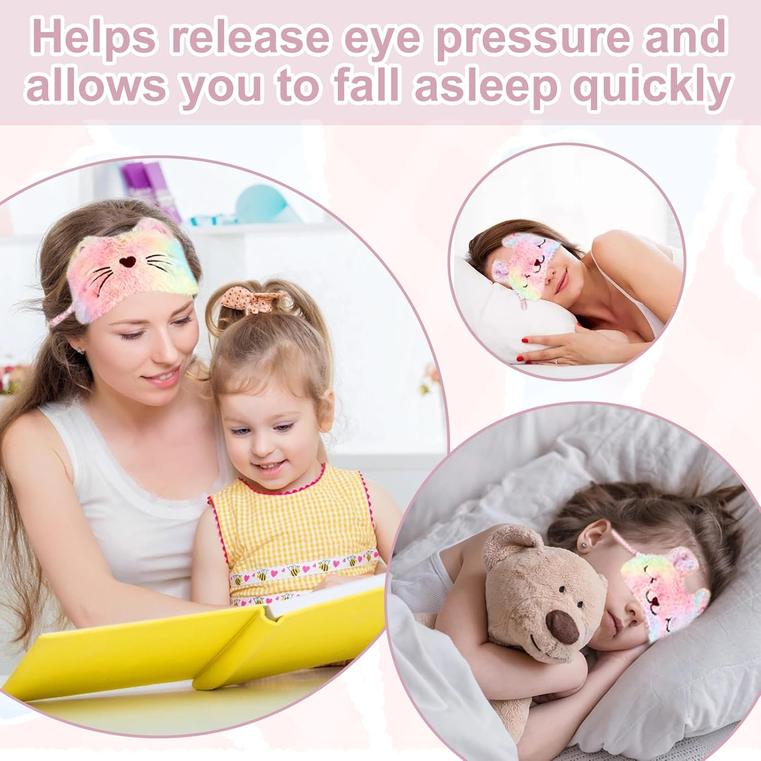 Travel Essentials，3 Pack Kids Sleep Mask Set - Soft Plush Animal Eye Covers for Girls (Bunny, Cat, Unicorn) | Comfortable Blindfold for Naptime & Travel（Rainbow Colors） image number 3