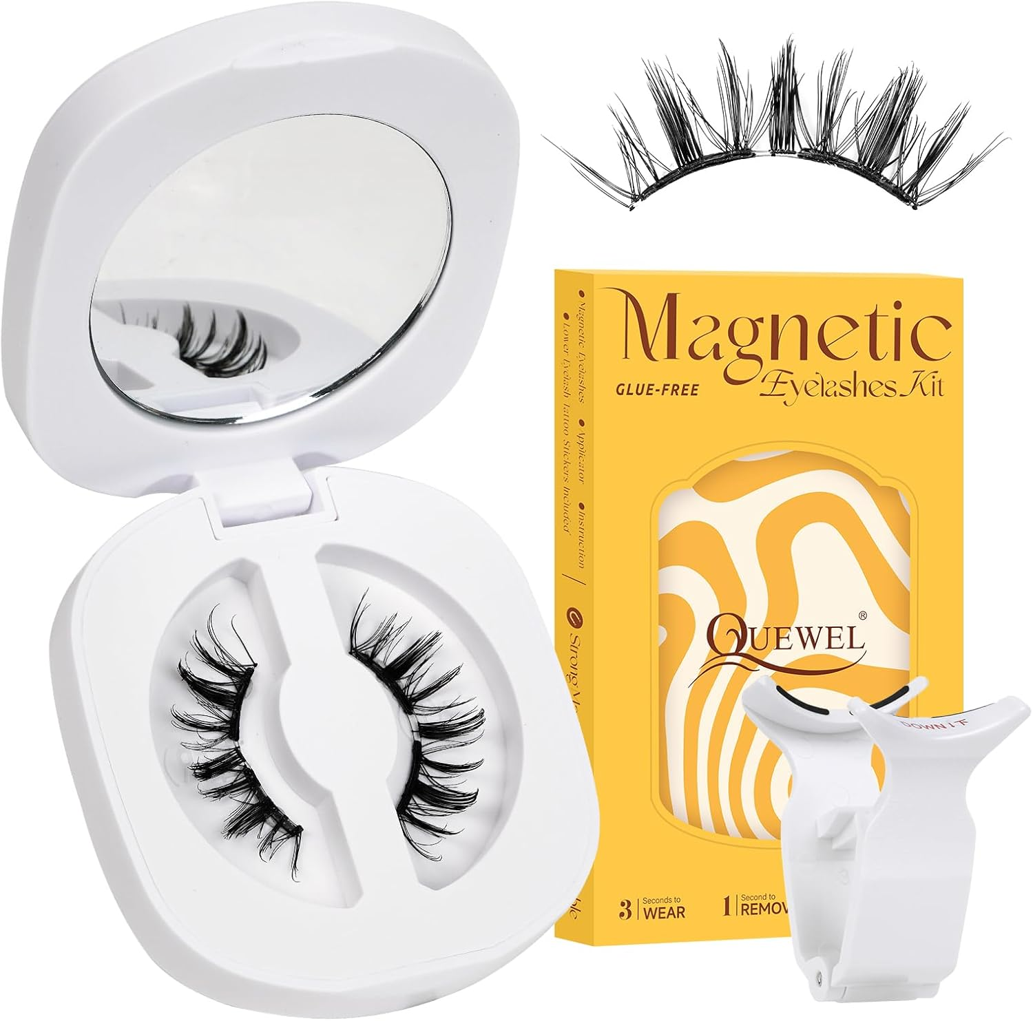 QUEWEL Upgrade Soft Magnetic Eyelashes Natural Look, Reusable Magnetic Lashes with Applicator, No Glue Needed, Windproof & Waterproof for All-Day Comfort (Soft-E)