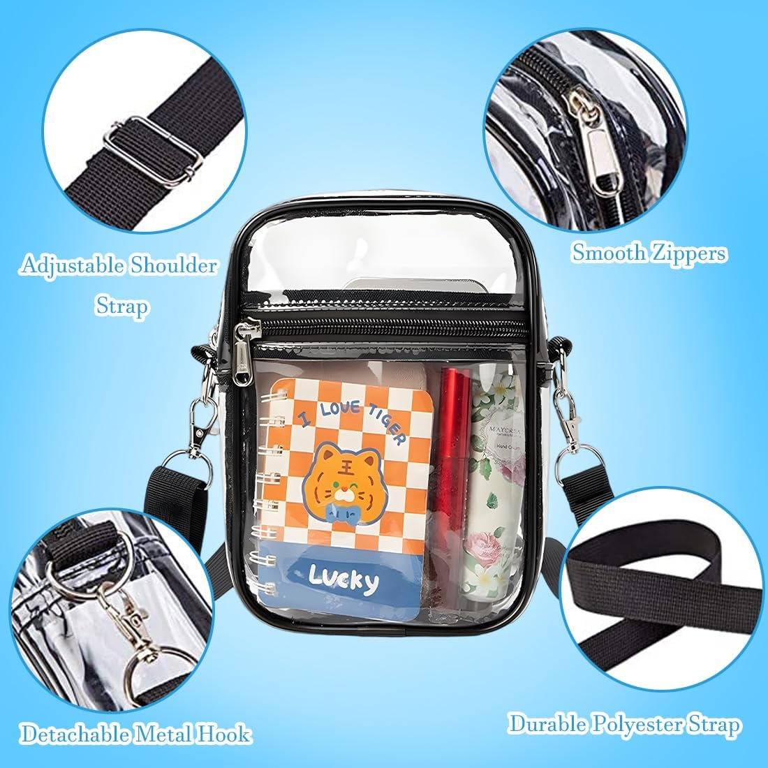 GXGM 1 X PVC Transparent Bag, with Adjustable Shoulder Strap, Stadium-Approved Transparent Bag for Concerts, Sporting Events, Large (Black)