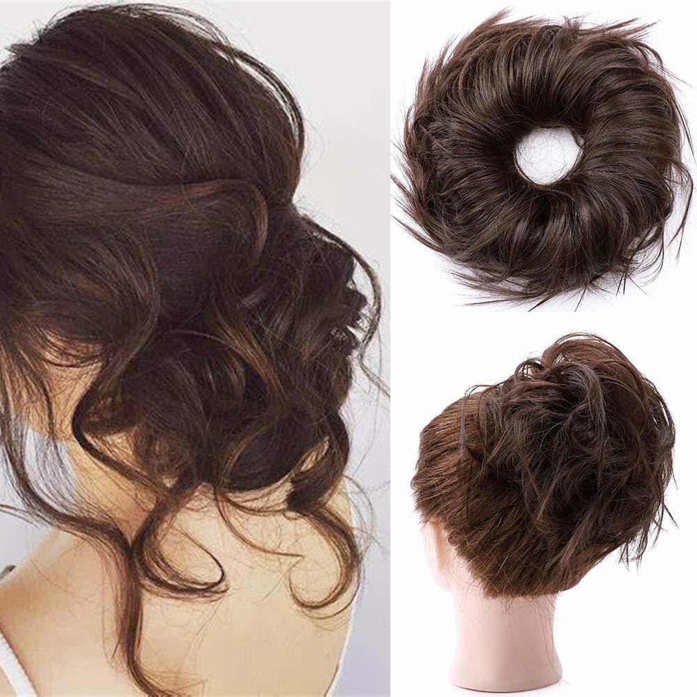 Hairro Messy Bun Hair Piece, Tousled Wavy Hair Pieces for Updos, Fluffy Tousled Short Ponytail Extension for Women Girls，45G #M4 Medium Brown