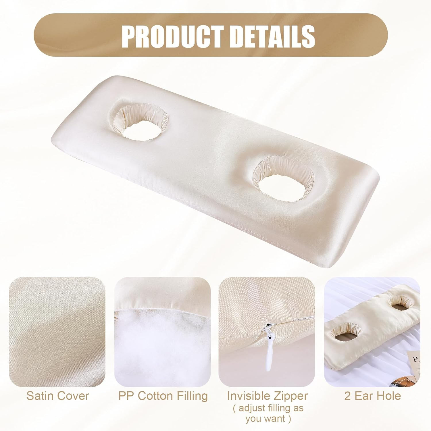 MABOZOO Silky Satin Ear Piercing Pillow, Ear Pillow with Ear Hole for Side Sleepers, Ear Guard Pillow for Ear Piercing, Reduce Discomfort, Inflammation Protection, Reduces Ear Pressure(Champagne) image number 3