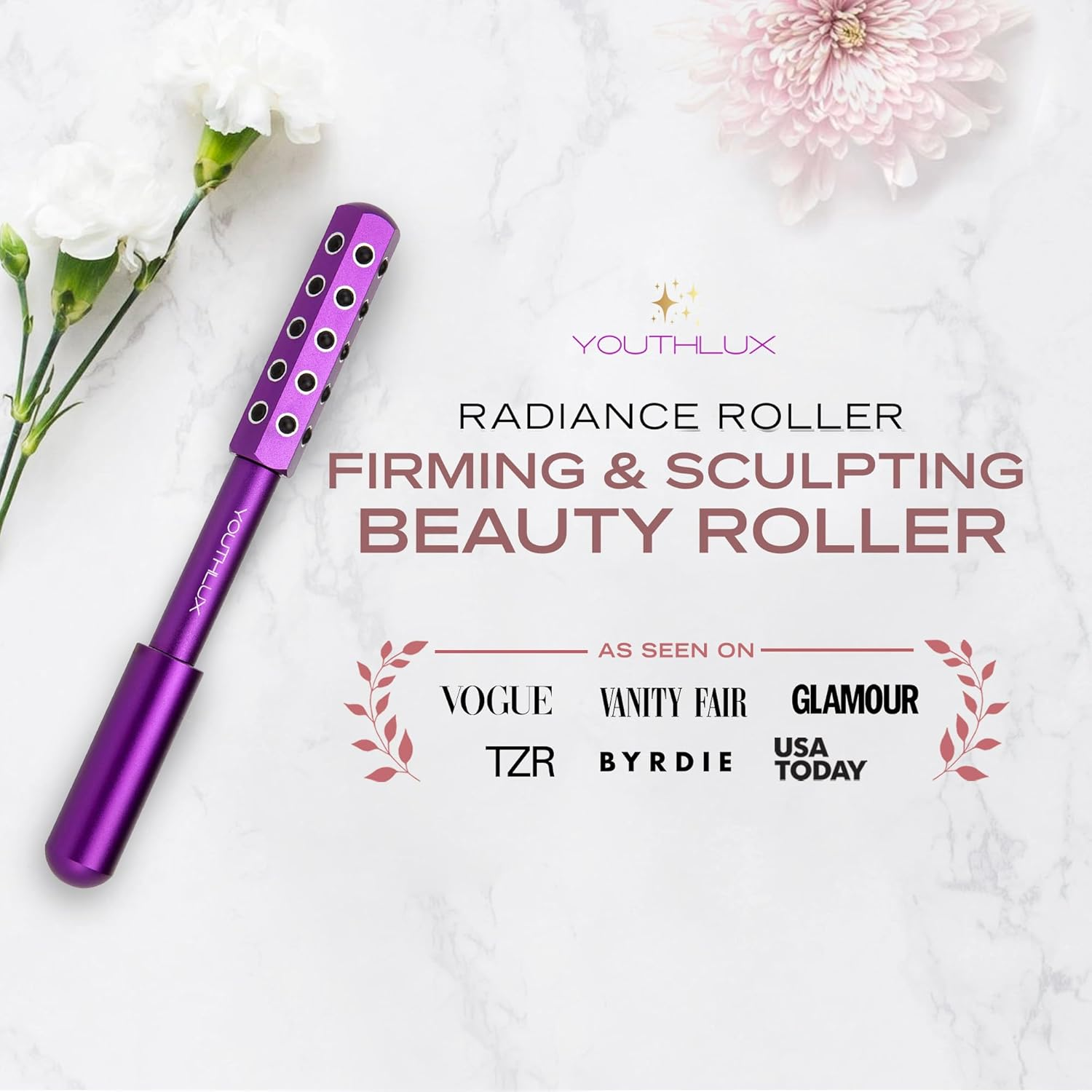 YOUTHLUX Radiance Roller &ndash; Germanium Stone Facial Massage Tool for Lifting, Sculpting, De-Puffing, Glow Boost, Energizing & Cooling Effect (Purple)