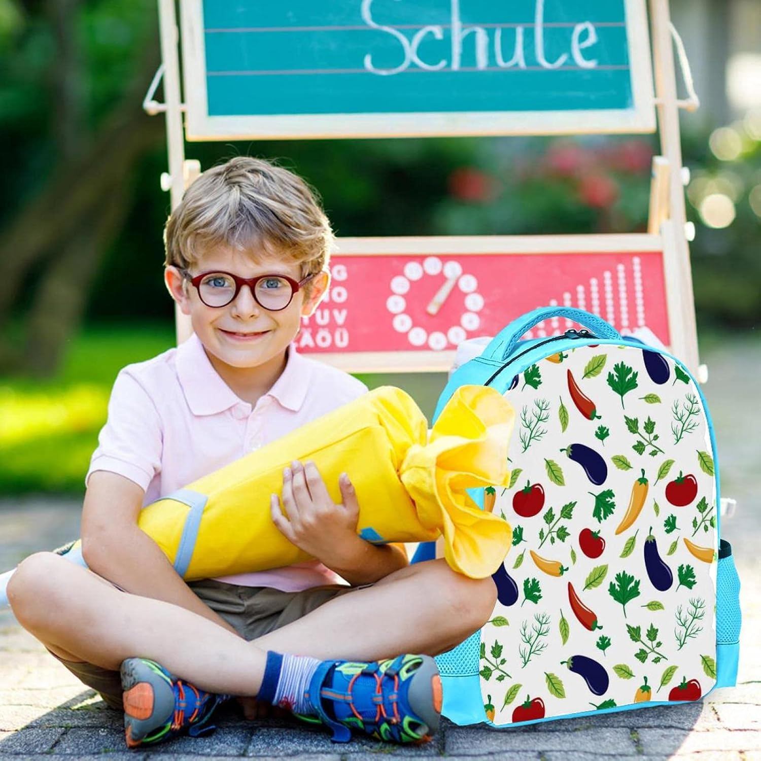 Blue Backpack Boy Bookbags Rucksack Men Travel Handbag Daypack Vegetables Eggplant Tomato Hot Pepper Leaves image number 2