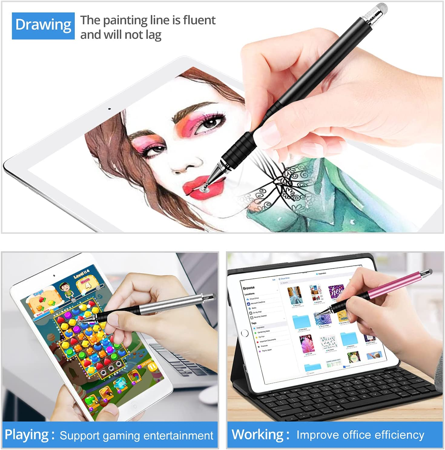 Pen for Tablet Mobile Phone (Pack of 4) Stylus Pens for Ipad Samsung Touchscreen, GUUGEI 2-In-1 Disc / Fibre Tips, Universal Capacitive Pens, Rubber Grip Instead of Finger Operation Pens image number 3