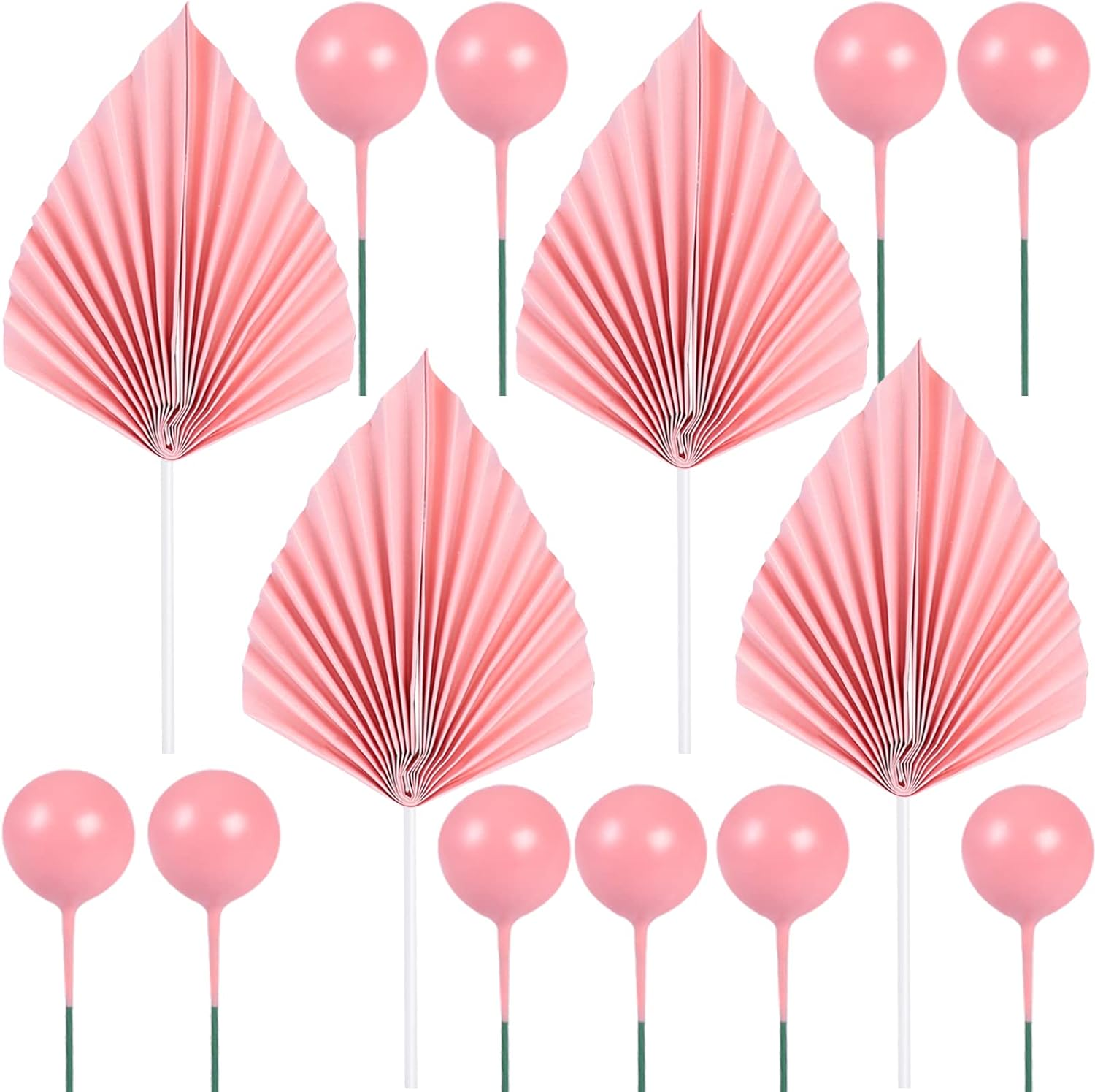14 Pcs Pink Paper Cake Decorations Include 4 Pink Leaf Cake Topper DIY and 10 round Ball Cake Insert Decoration Birthday Cake Ornament image number 2