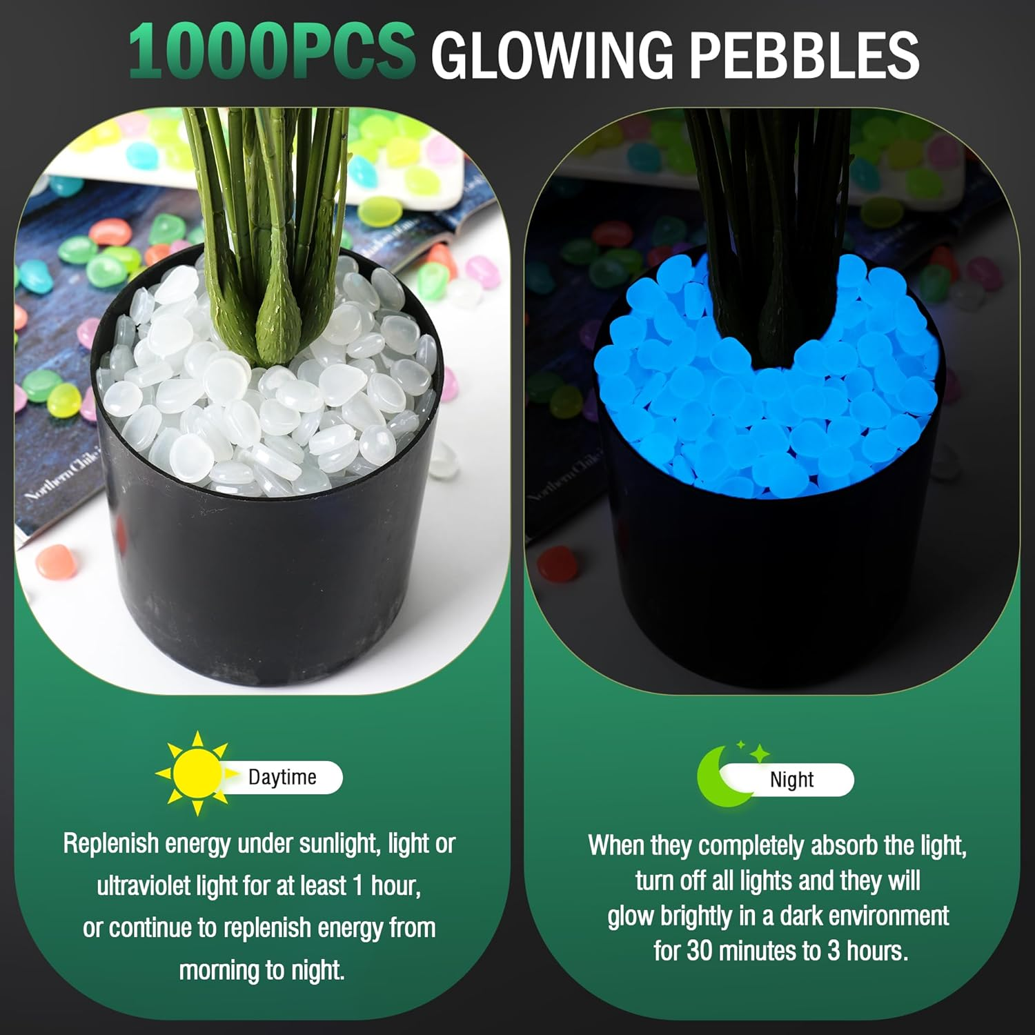 Glow in the Dark Rocks Outdoor Decorative Stones, 1000 PCS White Glows Blue Small Luminous Pebbles for Garden Walkway Fish Tank Aquarium Planter Vase Filler image number 1