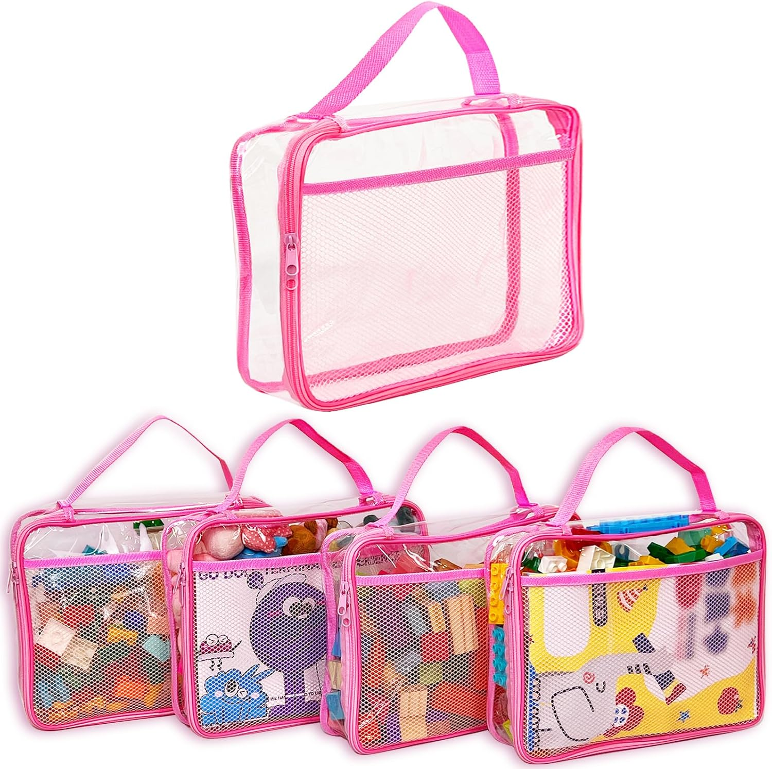 VERONLY 4 Packs PVC Toy Zippered Blocks, 13.3"X3" X10.4" Travel Storage Case Bags for Organizing, Waterproof Toy Storage Bags with Mesh Pockets for Building Blocks, Puzzles, Clays,Toy Cars (Black)