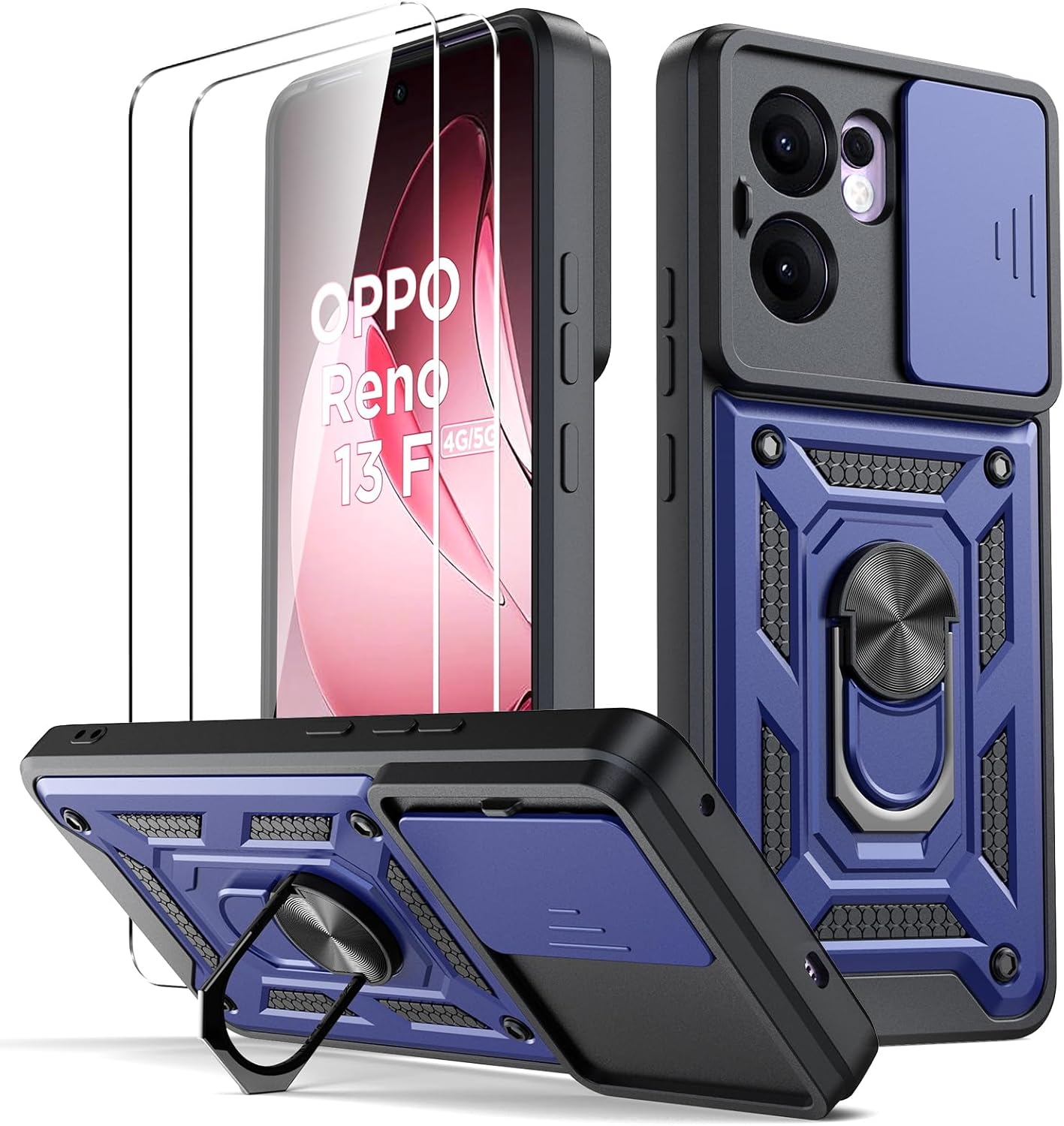 Oududianzi - Case for Oppo Reno 13 F 4G/5G Mobile Phone Case, [Pack of 2 Screen Protectors] with Sliding Camera Cover, Rotating Finger Ring Stand, Shockproof, Scratch-Resistant Protective Case - Blue