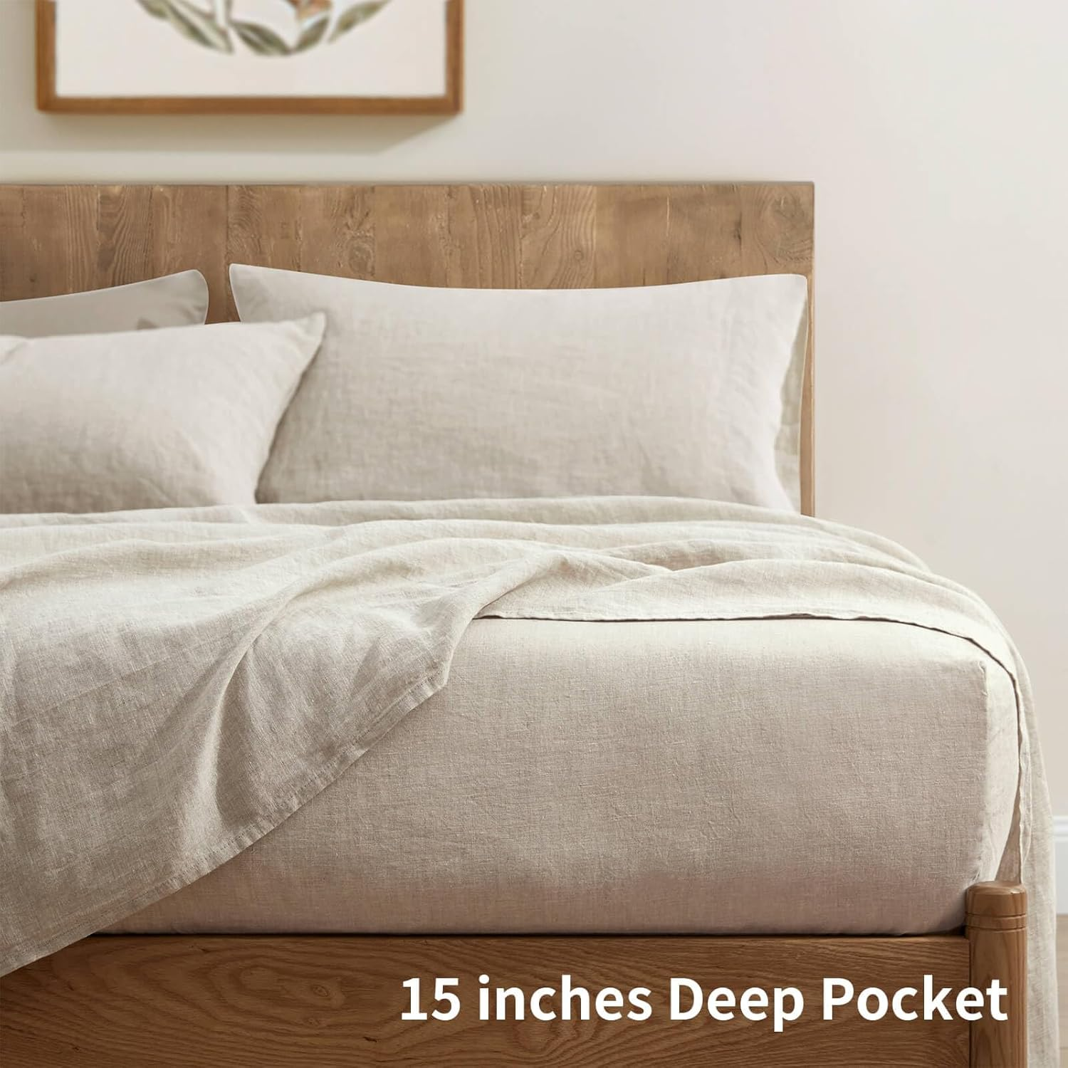 ATLINIA 100% Pure Flax Linen Bedding Set - Stone Washed French Linen Organic Fabric Boho Bedding Deep Pocket Fitted Sheet Farmhouse Flat Sheet 2 Pillowcases (Natural, Double) image number 3