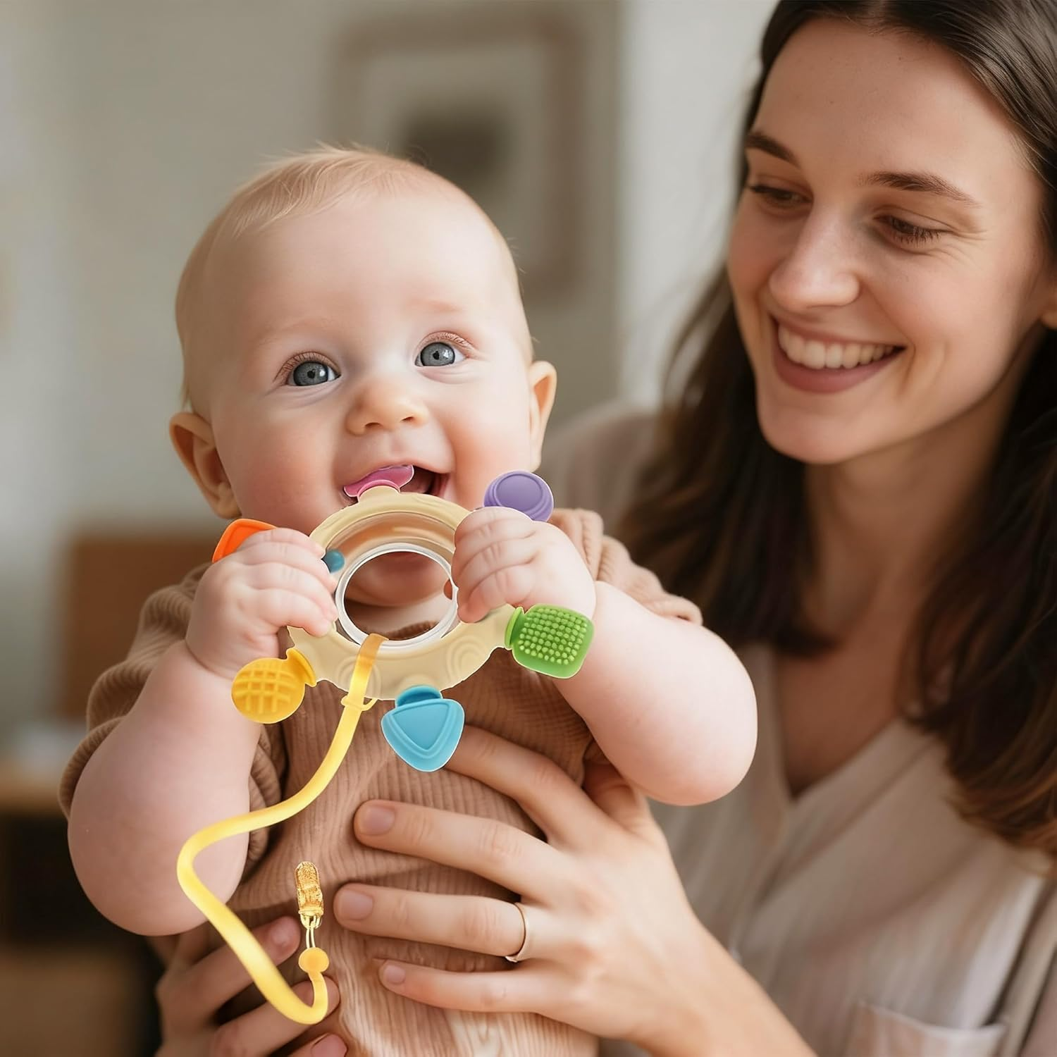 Baby Teething Toys for 0-12 Months- Silicone Rudder Teether Toy with Rattle Rings - BPA Free Sesory Montessori Toy for Soothing Sore Gums & Pain Relief - Easy to Clean Baby Shower Essentials Xmas Gift image number 3