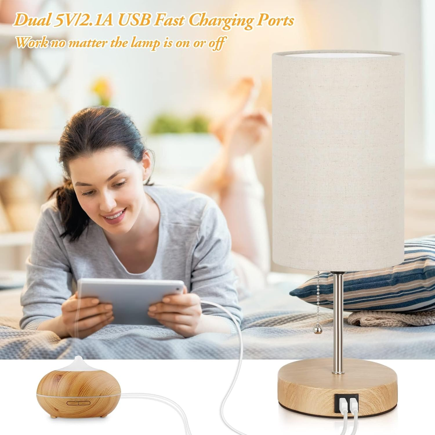 Table Lamps for Bedrooms, 2Pack Bedside Touch Lamp with Dual USB Charging Ports, Vintage 3 Way Dimmable Nightstand Lamps with Fabric Lampshade for Bedroom, Living Room image number 1