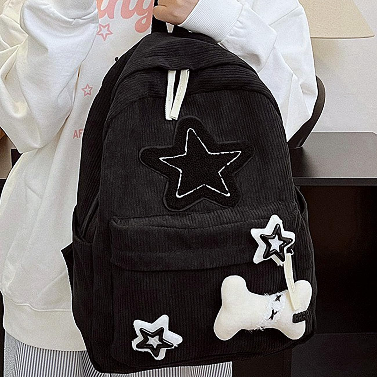YWOIHL Y2K Star Backpack Kawaii Corduroy Aesthetic Bag Teen Girls Cute Daypack Japanese Fluffy Bookbag - White image number 6