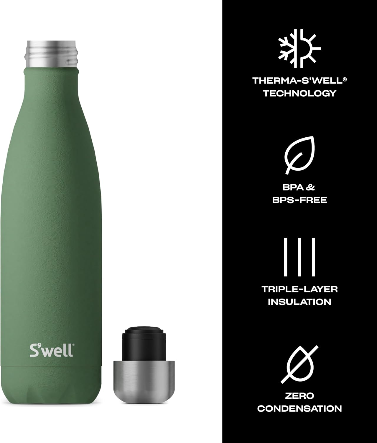 S'Well Stainless Steel Water Bottle 17 Fl Ounces Green Jasper Triple-Layered Vacuum-Insulated Containers Keeps Drinks Cold for 36 Hours and Hot for 18 Bpa-Free Perfect for on the Go image number 4