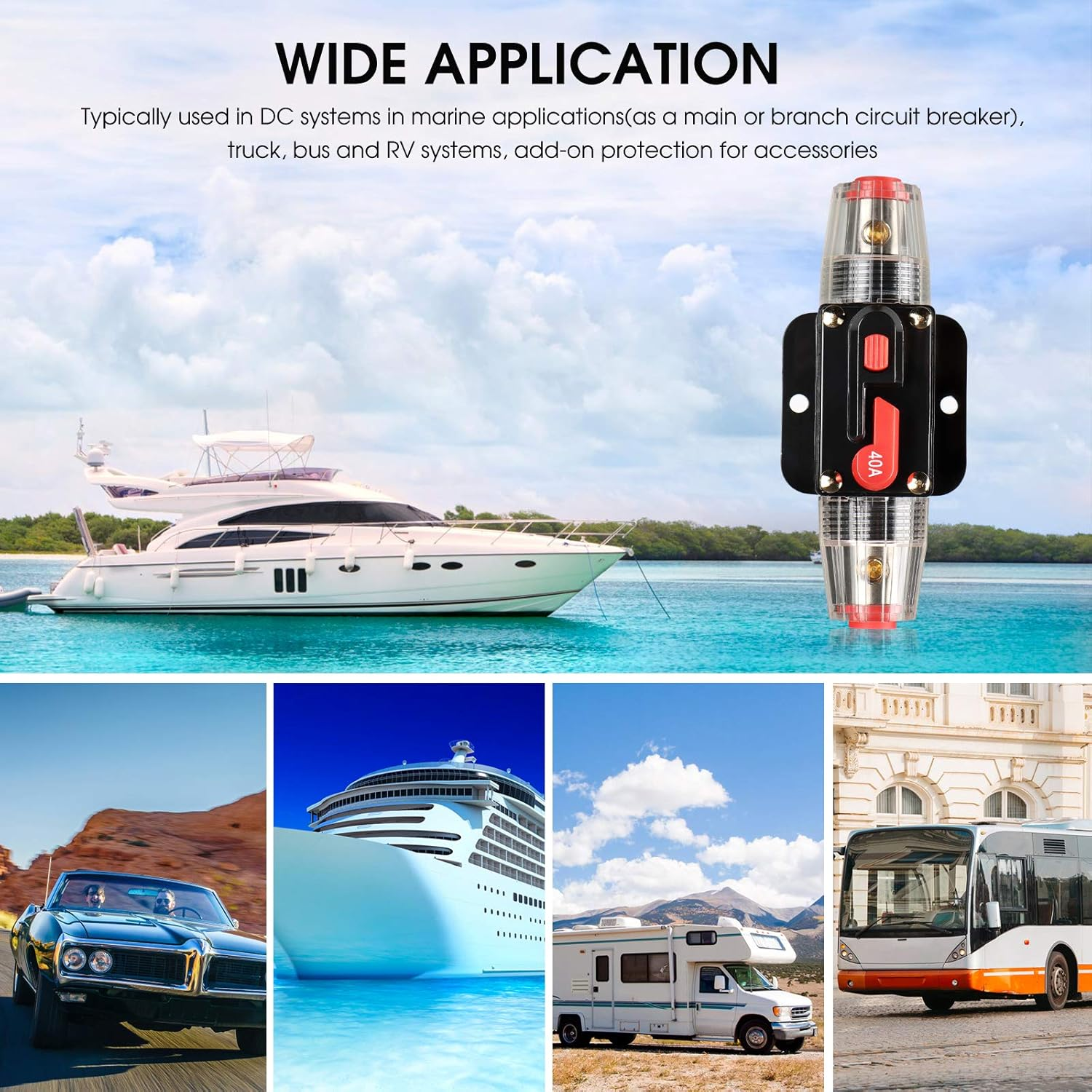 Circuit Breaker Switch 40A Waterproof Fuse Inline Holder 3-15 AWG Resettable Fuse Manual Reset 12V-48V DC for Car Audio Sound Amplifier System RV Home Marine Boat Truck image number 4