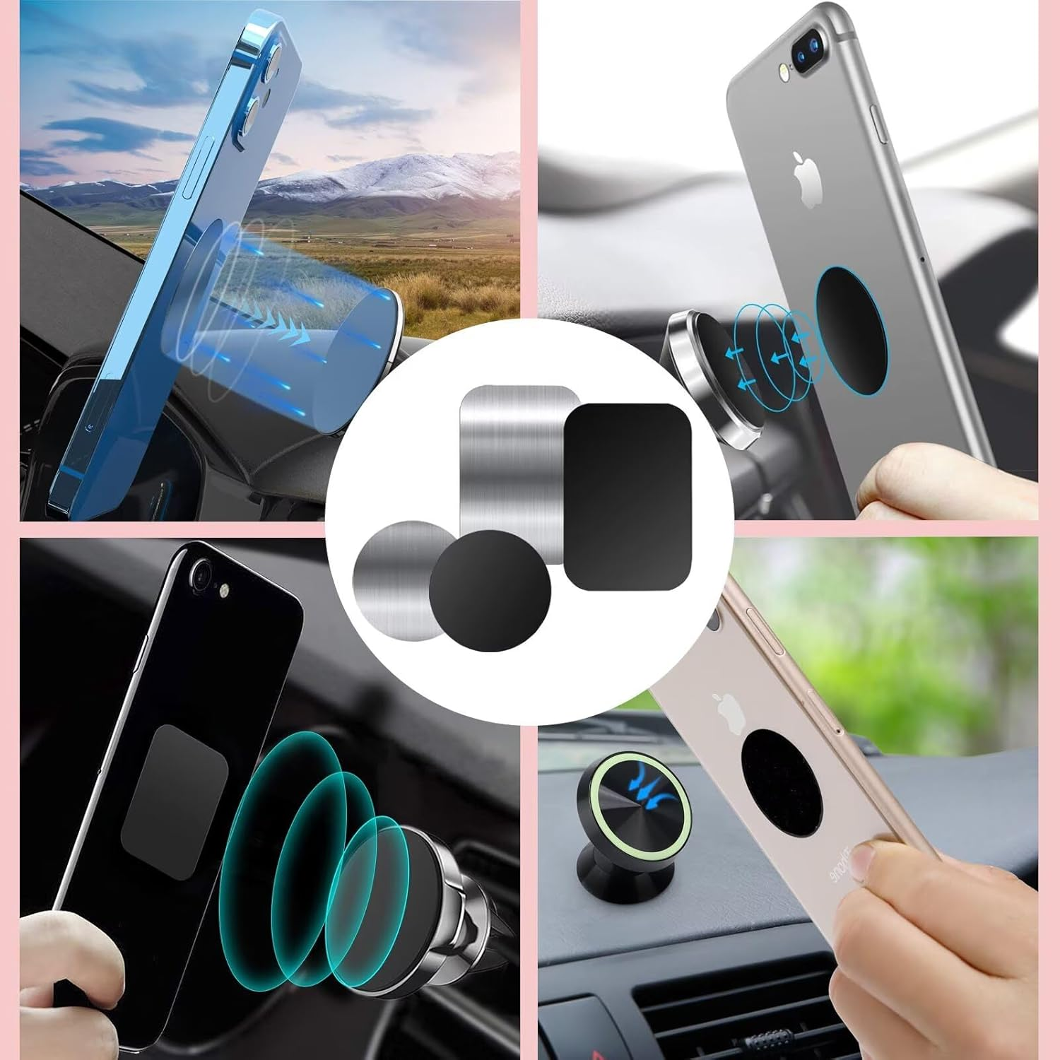 Pau1Hami1Ton Adhesive Thin Metal Plates(Compatible with Magnetic Mounts),4 Piece Metal Plates for Phone Case,(2 Rectangle and 2 Round) S-07N(Black+Silver) - 10Black image number 5