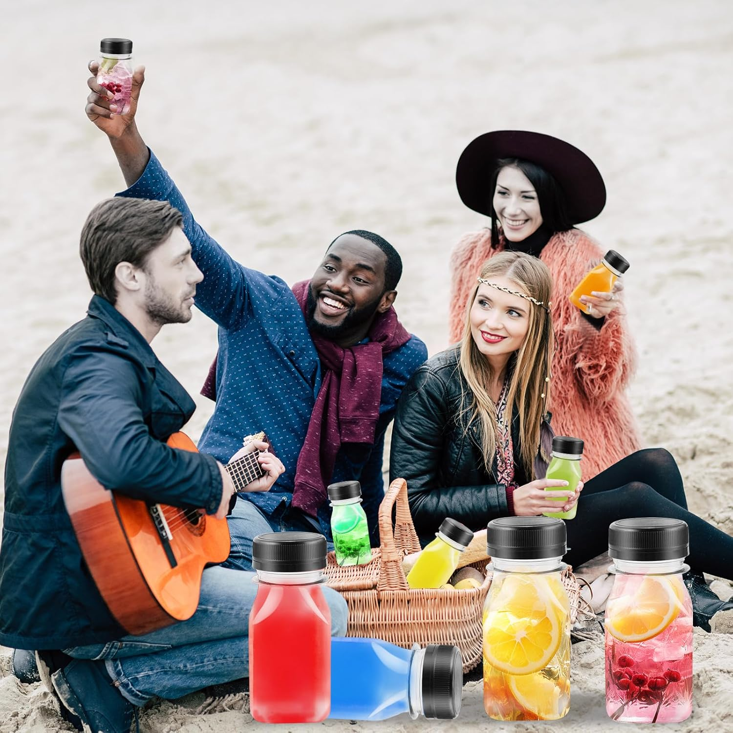 HXC Juice Bottles - 12 Pack 4Oz/120Ml Reusable Plastic Shot Bottles with Lids for Smoothie, Milk, or Juice Drinks - Includes Fruit Stickers image number 3