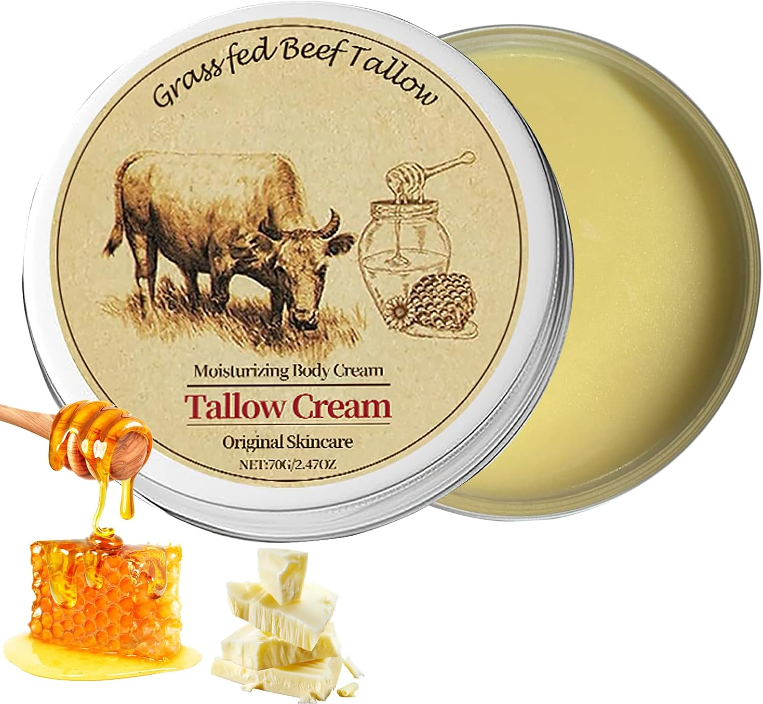 Beef Tallow for Skin, Beef Tallow and Honey Balm, Beef Tallow Face Moisturizer Hydrates and Nourishes the Skin, Whipped Tallow Honey Balm Natural Beef Tallow Lotion for Body Skin Care(2.470Z) image number 6