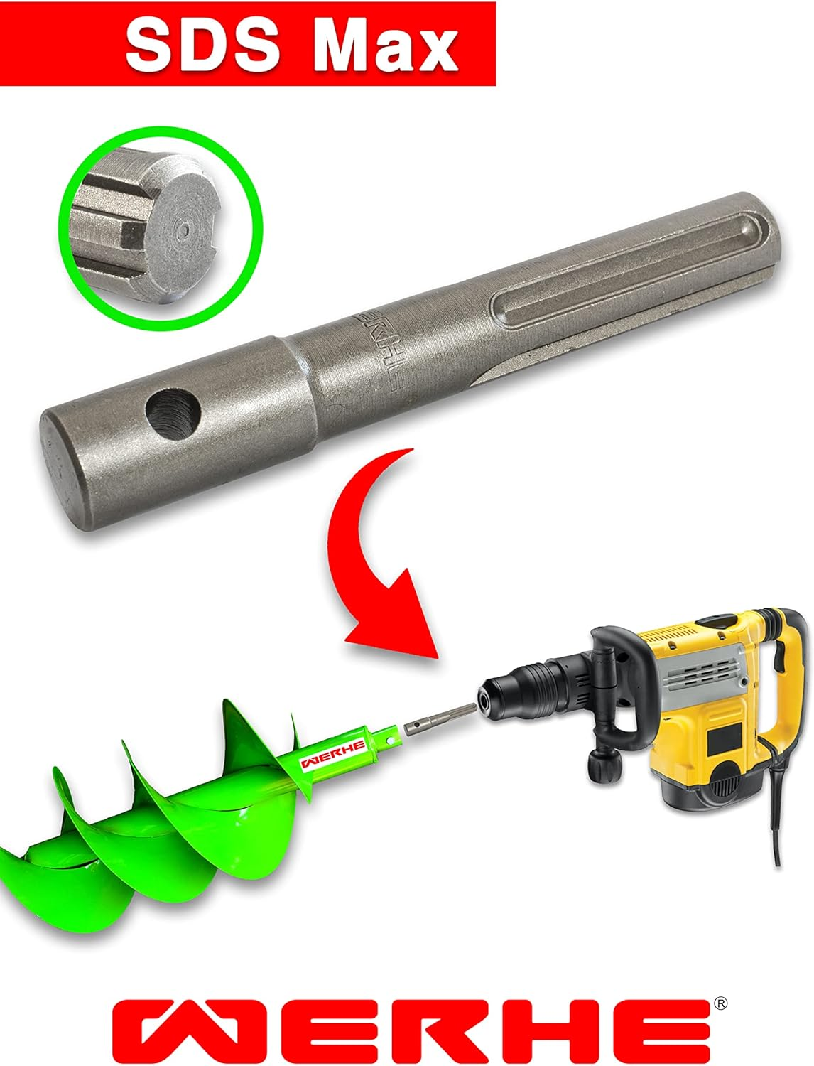 WERHE Professional Earth Drill Adapter Suitable for SDS Max Hammer Drill Pile Drill Cordless Drill with Quick Wing Bolts Made of High-Quality Spring Steel image number 5