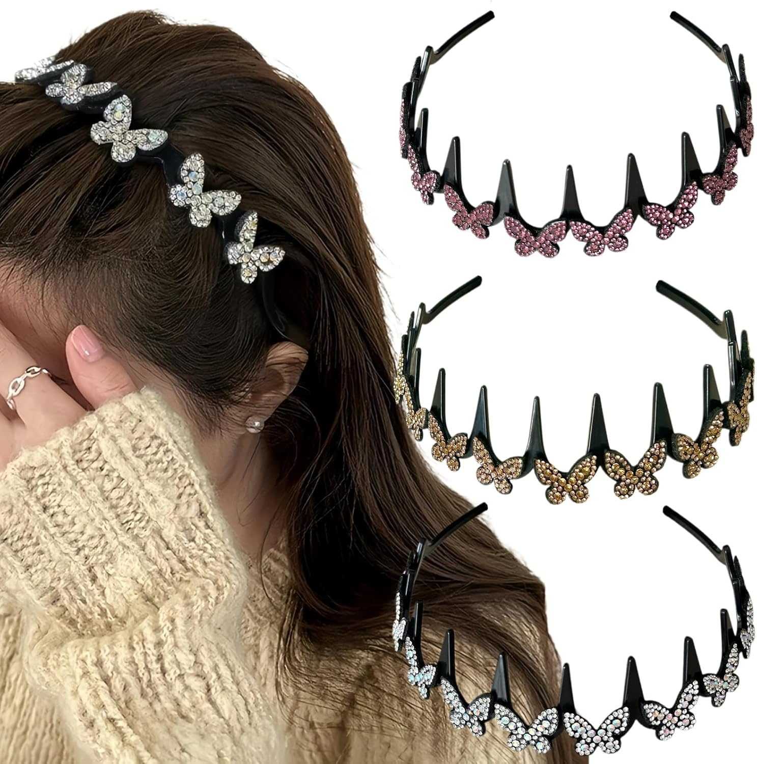 Ypkia Pack of 3 Zigzag Headband Butterfly Rhinestone Women'S Wavy Hair Band Shark Tooth Hair Comb Headband Elegant Headband for Women Girls