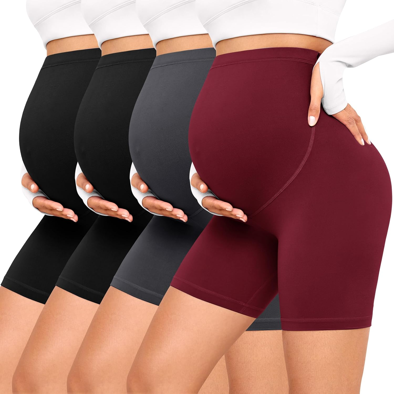 VALANDY Creamlush 4 Pack Maternity Shorts&ndash;Over the Belly Buttery Soft Stretchy Maternity Lounge Yoga Shorts
