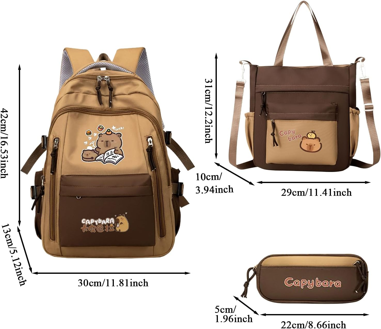 Capybara Backpack Kit,Large Capacity Capybara School Bag Set | Waterproof Bookbag Pencil Bag Kit for Laptop Tablet Daily Christmas Travel Water Bottle Books Stationery Students - B image number 2