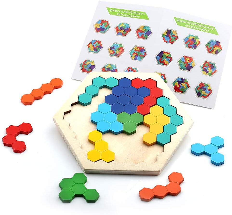 Wooden Brain Teaser Toy for Kids Adults Tangram Jigsaw Intelligence Colorful Hexagon Geometry Logic IQ Game STEM Montessori Educational Toys for All Ages Challenge image number 4