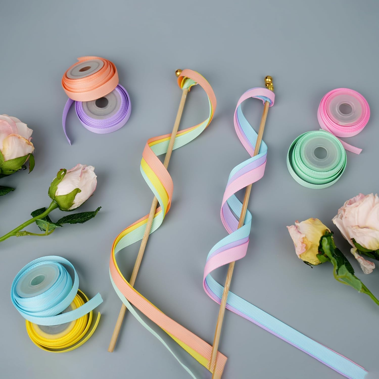 6 Rolls Pastel Ribbon, Pastel Rainbow Ribbon 3/8In Thin Grosgrain Ribbon Assortment, 60 Yards Pastel Colored Craft Ribbon for Crafts Easter Birthday Wedding Hair Bows image number 1