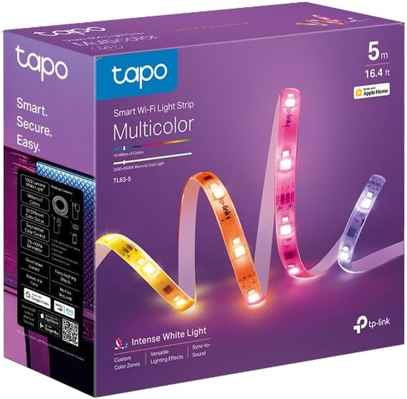 Tapo Tp-Link Wi-Fi LED Light Strip, 5M, Multicolour, Home Decoration, Gaming, Party, Zonal Color Control, Schedule & Timer, Voice & App Control, Homekit Support, No Hub Required (TL63-5)