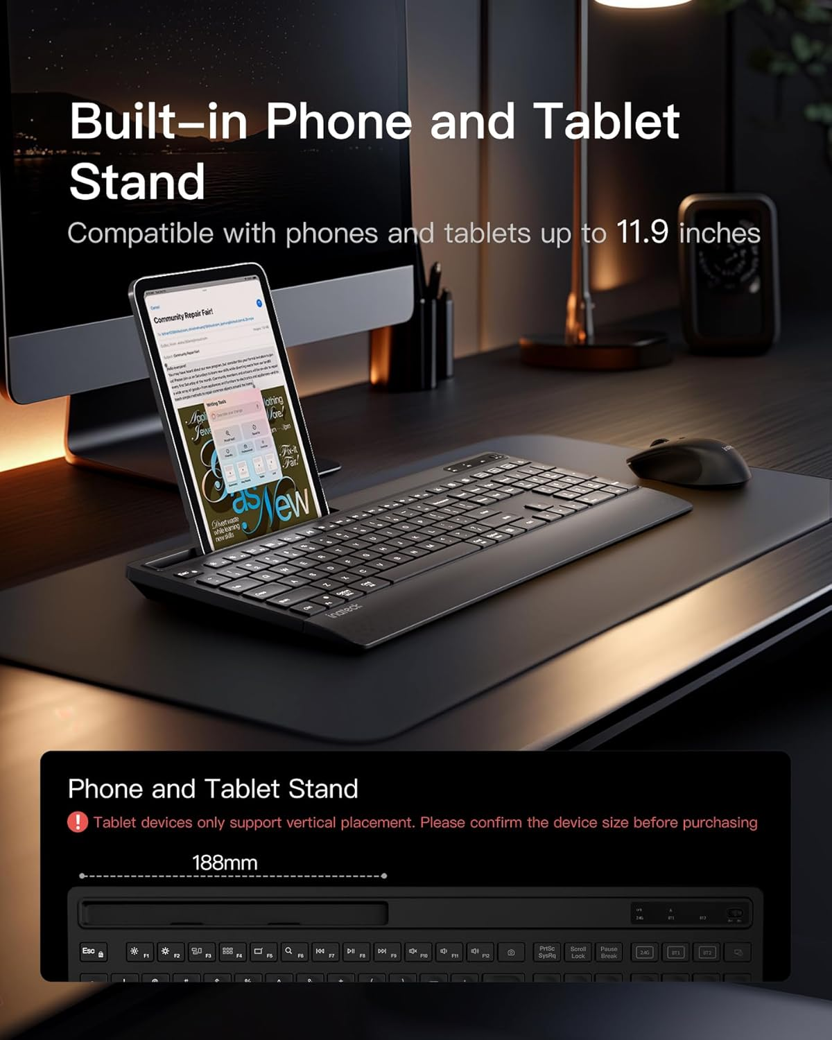 Inateck AI Wireless Keyboard and Mouse Combo, Full-Size Ergonomic Keyboard with Wrist Rest & Phone Holder, 2.4Ghz Bluetooth Silent Design for PC, Laptop, Mac, Windows image number 2