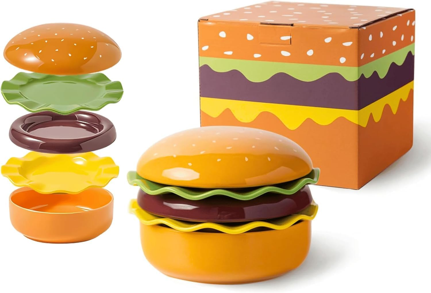 ROROUP Ceramic Hamburger Plates and Bowls Sets, 5-Piece Burger Shape Bowl and Plate, Novelty Stackable Burger Dinnerware Set for Afternoon Tea, Desserts, Biscuits, Steaks, Fun and Cute image number 5