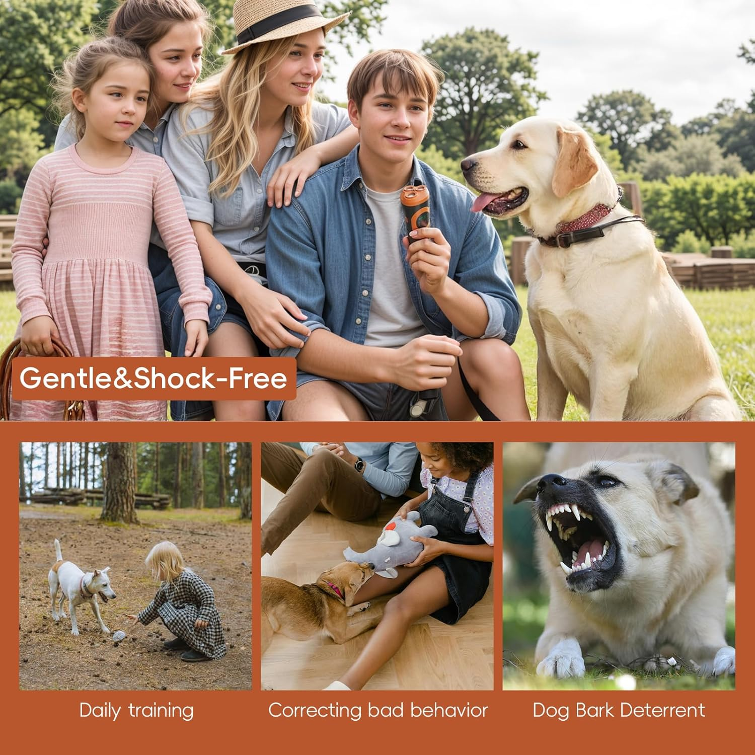 Dog Bark Deterrent &ndash; Ultrasonic Dog Training Device with LED Light, 3-Head 50Ft Range Anti-Bark Control, Rechargeable Handheld Dog Repellent with Dual Frequency, Pet-Friendly & Portable (Orange) - Black image number 5