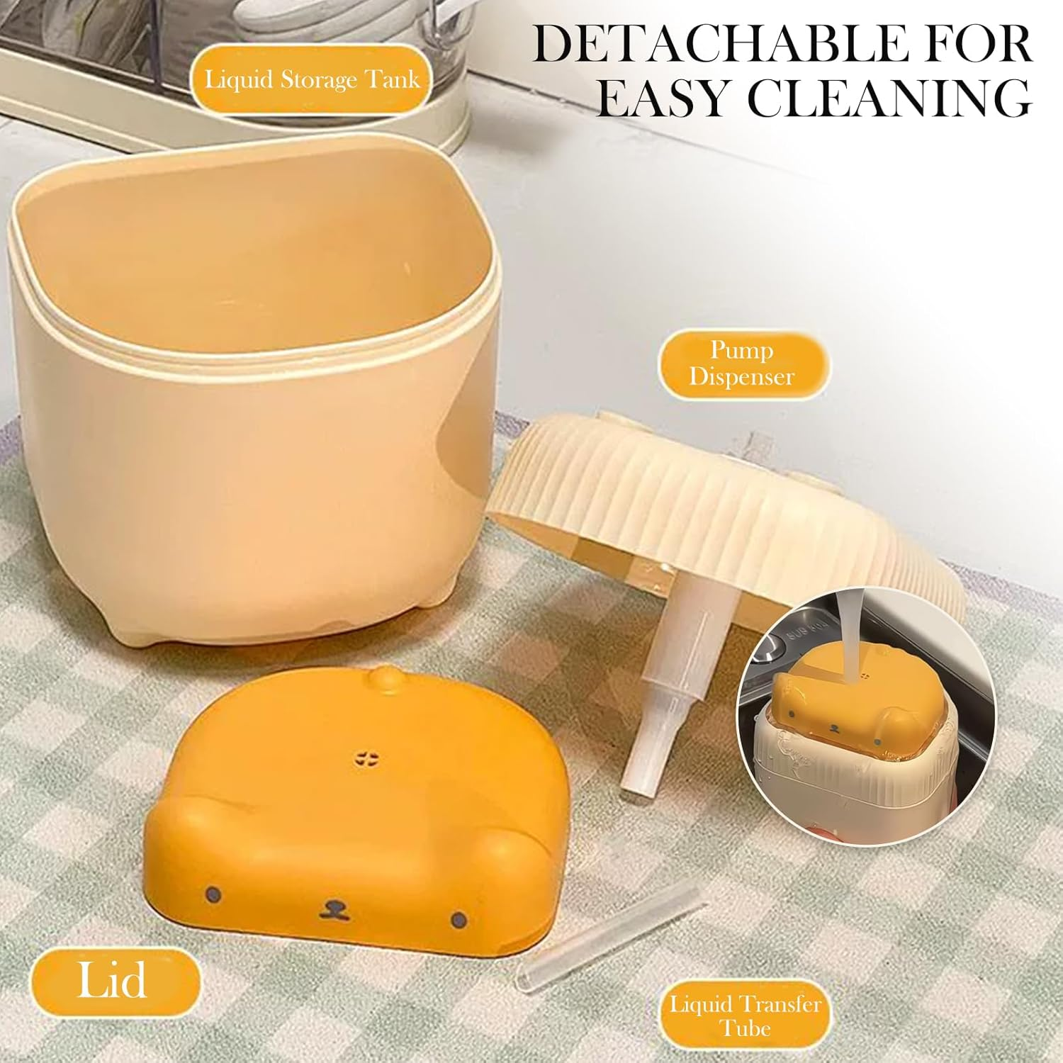 Cat-Shaped Dish Soap Dispenser - Liquid Soap Pump Dispenser for Kitchen Countertop, Ideal for Dishwashing Liquid (Yellow) - Green image number 3