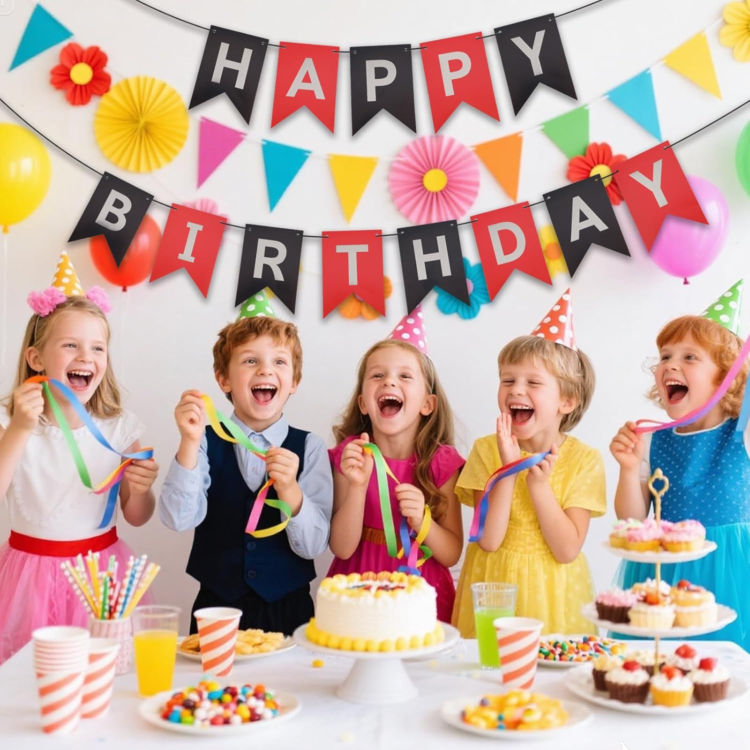 Gosknor Happy Birthday Banner Sign, Red and Black Birthday Decorations Silver Hot Stamping Fishtail Flag Party Decorations Photo Backdrop Party Supplies for Boys Girls Men Women