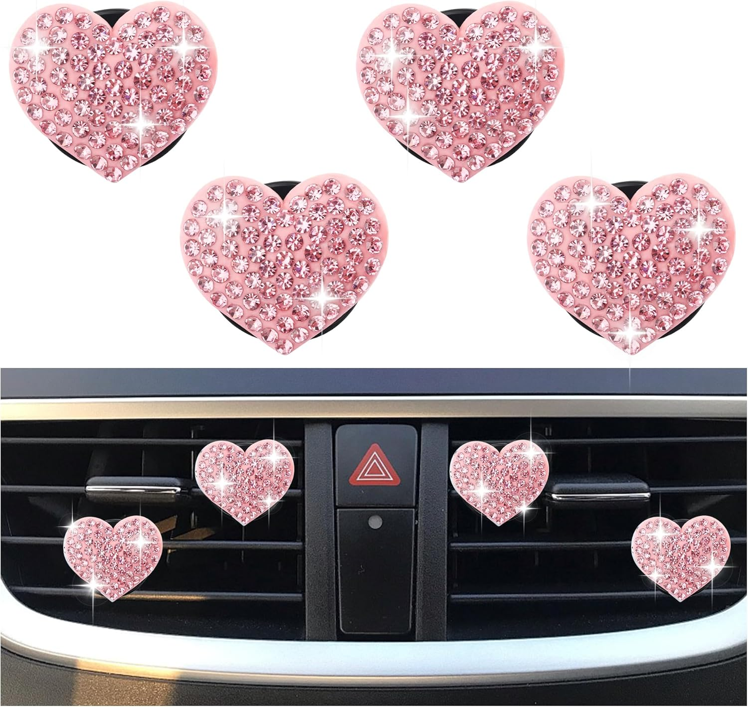 4PCS Heart-Shaped Car Vent Clips with Rhinestone,Bling Air Vent Clips Car Decorations,Premium Shiny Car Clips for Vents Ccar Accessories Interior for Cars,Trucks,Suvs (Pink)