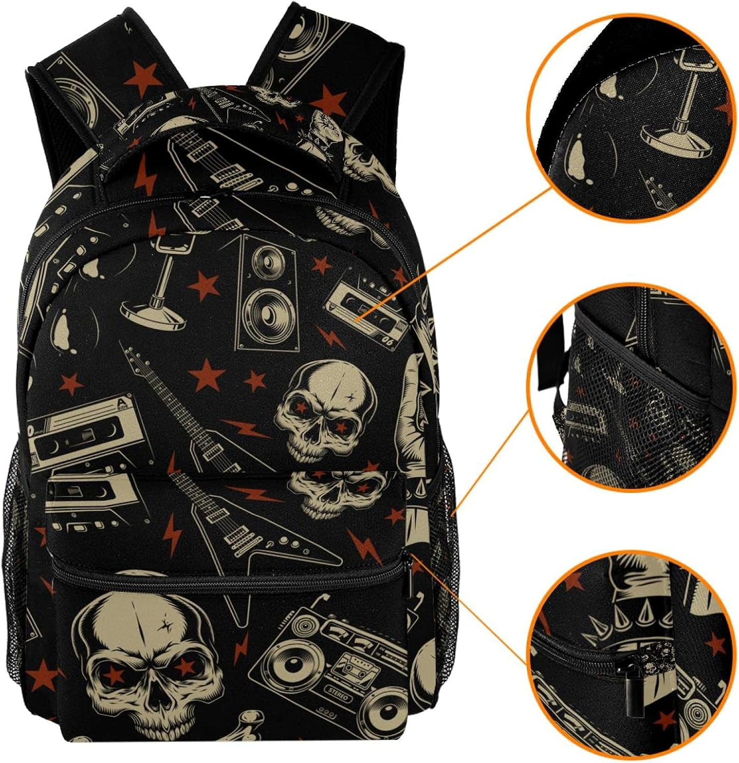 Grunge Pattern with Skulls Guitar Backpack Students Shoulder Bags Travel Bag College School Tote Backpacks image number 4
