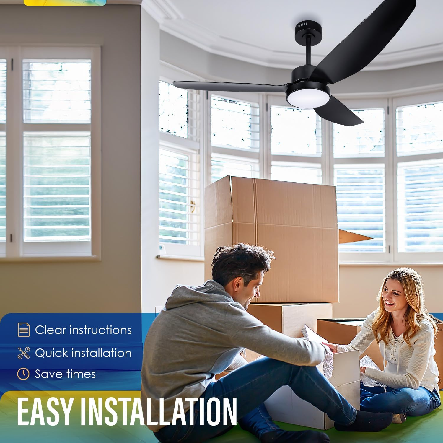 Soilsiu 52 Inch Ceiling Fan with Light and Remote, Flush Mount Quiet Ceiling Fan with Dc Motor, Reversible Blades 6 Speeds 3 Colors Dimmable LED Ceiling Fan Light for Living Room (220V-240V, 50Hz) - White image number 5