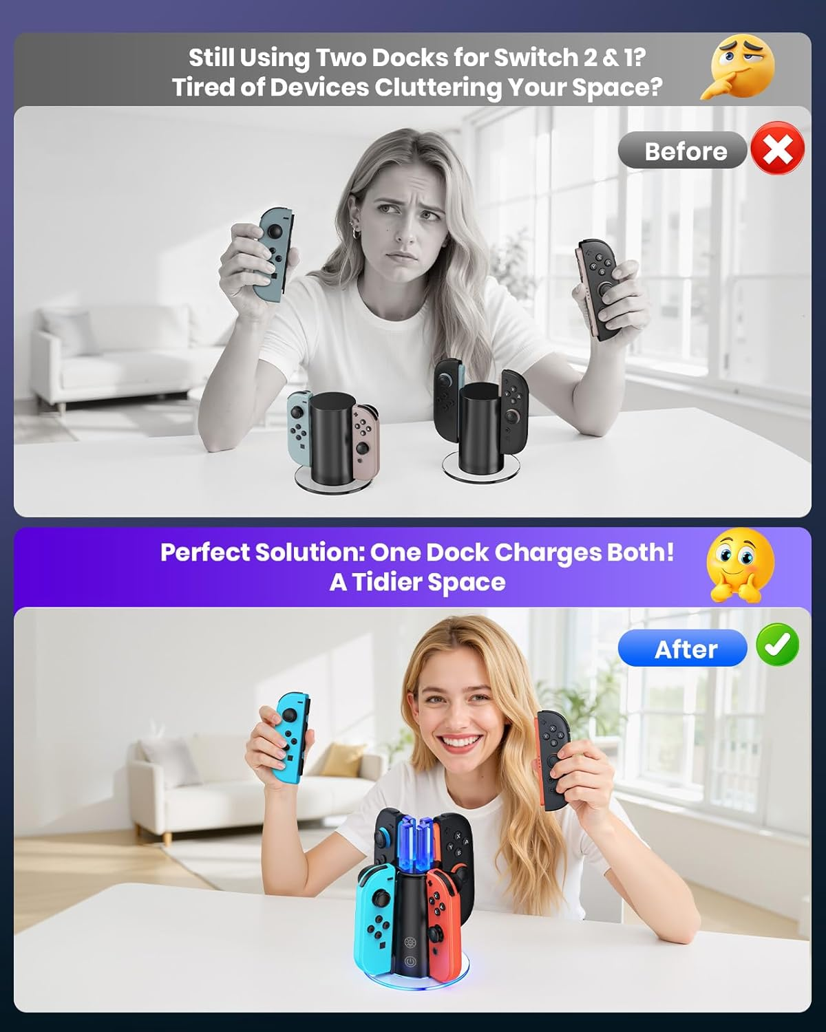 [Switch 2/1 Both] Controller Charger Dock Station, 8 in 1 Dual-Direction Magnetic Vertical Charging Stand for Joycon 2 Witch Transparent Acrylic Display Base & LED Indicators for Nintendo Switch 2/1 image number 1