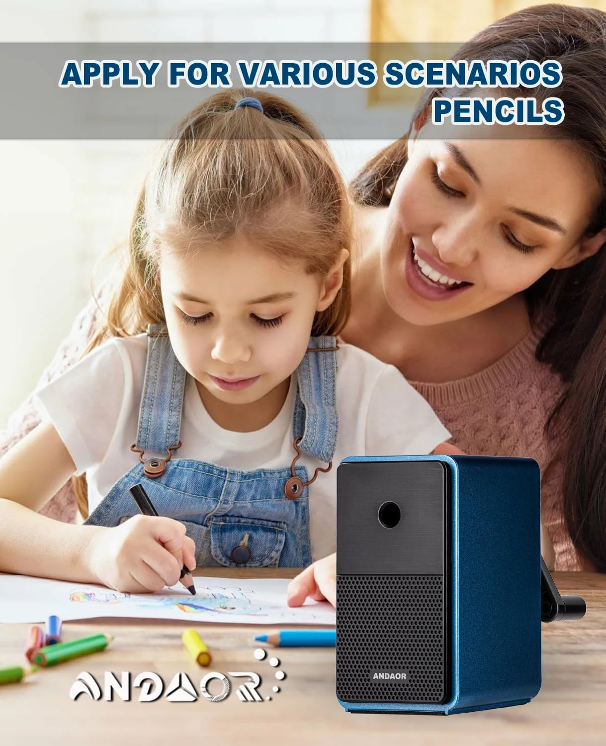 Manual Pencil Sharpener Desk Pencil Sharpener with Container 5 Grades of Thickness Adjustable and Auto-Stop Function Suitable for Kids/Students/Artists Office Use (Blue.Uk87)