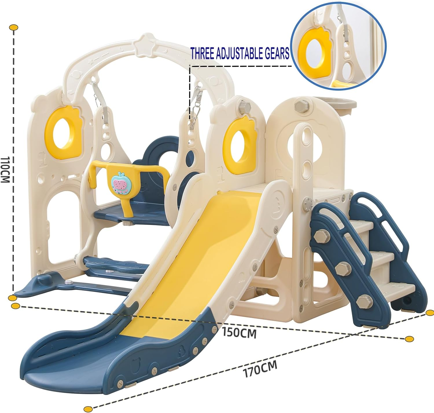 Kids Slide and Swing Set, 7In1 Toddler Slide Playset with Adjustable Swing and Dining-Plate, Basketball Hoop, Ball and Climb Stairs Kids Playset Indoor Outdoor Backyard with Music Player image number 6