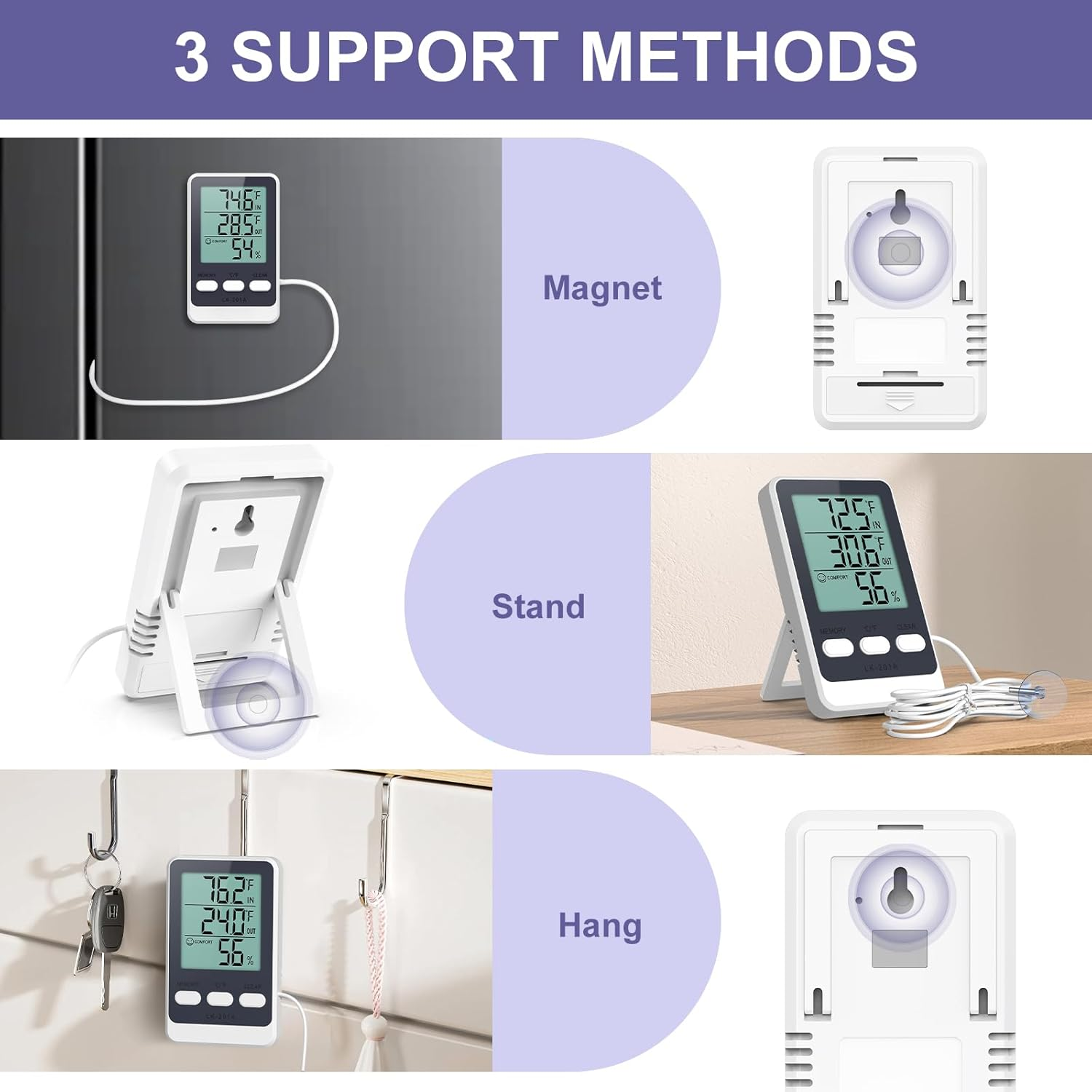 OQIMAX Digital Fridge Thermometer, Refrigerator and Freezer Thermometer with Probe, Indoor Thermometer Hygrometer with Min/Max Record, ℃/℉ Switch, Comfort Icon, Room Thermometer for Fridge, Aquarium image number 4