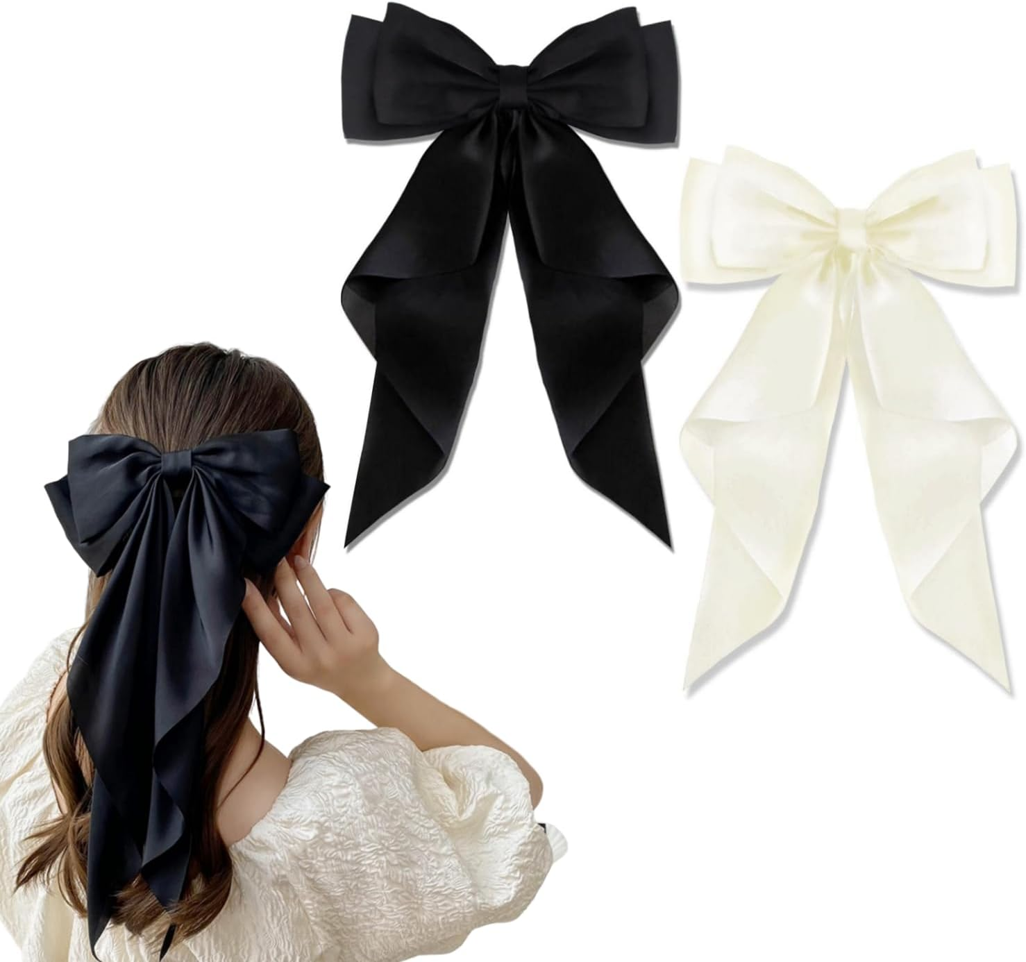 Hair Clips with Large Bow, 2 Pieces Hair Bows for Women, Silky Satin Hair Clip, French Hair Clip with Long, for Women Girls (Black + White)